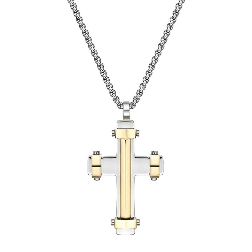 NWT LYNX Men's Gold Tone Ion-Plated Stainless Steel Cross Pendant Necklace, 24"